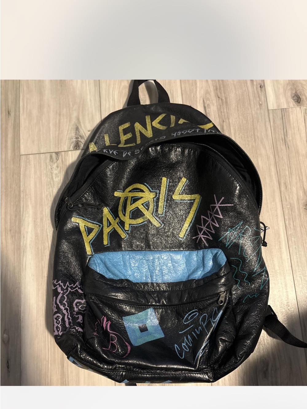 Balenciaga Black Leather Graffiti Backpack with Yellow and Blue Accents